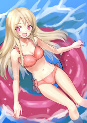 1girl aged_up akitakamika alternate_costume bikini blonde_hair blush breasts chaos_marie_(grimms_notes) cleavage grimms_notes hair_spread_out heart heart-shaped_pupils highres inflatable_toy long_hair looking_to_the_side medium_breasts navel ocean open_mouth pink_bikini ribbon_panties smile solo swimsuit symbol-shaped_pupils