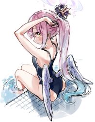  1girl absurdres adjusting_hair angel_wings ass bare_arms bare_legs bare_shoulders black_one-piece_swimsuit blue_archive blush breasts closed_mouth feathered_wings halo highres kurihara_sakura large_breasts long_hair mika_(blue_archive) one-piece_swimsuit pink_hair pink_halo ponytail pool sitting solo swimsuit water white_wings wings yellow_eyes 