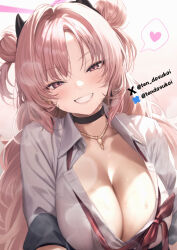  1girl black_choker black_hairband black_horns blue_archive bluesky_username blush breasts choker cleavage collarbone collared_shirt commentary_request demon_horns double_bun fake_horns grin hair_bun hairband halo heart horns huge_breasts jewelry juurouta kirara_(blue_archive) long_hair looking_at_viewer loose_neck_ribbon neck_ribbon necklace pink_eyes pink_hair pink_halo pink_lips red_ribbon ribbon shirt smile solo spoken_heart steaming_body sweat teeth twitter_username two_side_up white_background white_shirt 
