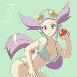  &gt;:) 1girl adapted_costume bare_arms bare_shoulders bent_over bikini blue_bikini blue_headwear bra breasts character_name cleavage closed_mouth collarbone creatures_(company) floating_hair forehead game_freak goggles goggles_on_headwear gym_leader hand_on_own_thigh hand_on_thigh helmet highres holding holding_poke_ball leaning_forward long_hair looking_at_viewer low_ponytail matching_hair/eyes medium_breasts nakaba navel nintendo poke_ball poke_ball_(basic) pokemon pokemon_oras purple_eyes purple_hair smile solo standing swimsuit text_focus tsurime underwear v-shaped_eyebrows very_long_hair winged_helmet wings winona_(pokemon)  rating:Questionable score:42 user:BaalviHakusan