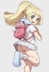  1girl ass backpack bag blonde_hair chiwino creatures_(company) female_focus from_behind game_freak green_eyes grey_background highres kneepits leg_up lillie_(pokemon) loli long_hair looking_back miniskirt nintendo no_panties open_mouth pleated_skirt pokemon pokemon_sm ponytail running shirt shoes short_sleeves simple_background skirt smile socks solo standing standing_on_one_leg thighs white_footwear white_shirt white_skirt white_socks wind wind_lift  rating:Questionable score:403 user:danbooru