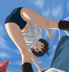  1girl amagami ass ass_focus bent_over blush brown_eyes brown_hair buruma cloud cloudy_sky cone day from_behind from_below goal gym_uniform highres keisuke_(0320030103200301) kneehighs kneepits looking_through_own_legs midriff navel open_mouth outdoors pantylines pov shirt short_hair sky socks solo t-shirt tachibana_miya thighs traffic_cone upside-down  rating:Questionable score:65 user:Yavie