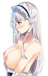 1girl absurdres azur_lane backlighting bare_shoulders belfast_(azur_lane) blush braid breasts breasts_out closed_mouth collarbone corset covered_erect_nipples dress elbow_gloves french_braid from_side gloves half_updo highres kurigura_(sketch_san) large_breasts long_hair maid maid_headdress nipples profile purple_eyes silver_hair simple_background sleeveless solo topless upper_body white_background white_gloves rating:Questionable score:36 user:danbooru