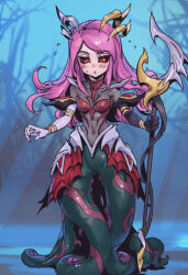  1girl :o black_sclera blush bodysuit breasts brown_bodysuit colored_sclera coven_nami covered_navel flying_sweatdrops full_body hair_ornament holding holding_staff league_of_legends long_hair looking_down medium_breasts monster_girl nami_(league_of_legends) outdoors phantom_ix_row pink_hair red_eyes scylla solo staff standing tentacles tree  rating:Sensitive score:3 user:danbooru