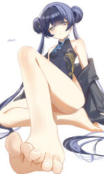  1girl arm_support artist_name barefoot black_dress black_hair blue_archive breasts china_dress chinese_clothes commentary double_bun dragon_print dress eyelashes feet foot_focus foreshortening full_body hair_bun half-closed_eyes haruri highres kisaki_(blue_archive) knee_up legs long_hair looking_at_viewer off_shoulder presenting_foot sitting sleeveless small_breasts solo toenails toes twintails very_long_hair white_background 