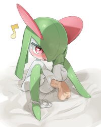  1boy 1girl bed clitoral_hood clitoris clothing_aside creatures_(company) disembodied_penis drooling flat_chest game_freak gen_3_pokemon green_hair green_thighhighs happy_sex highres holding_own_leg kirlia loli looking_at_viewer nintendo panties panties_aside penis pokemon pokemon_(creature) pussy pussy_juice red_eyes saliva saliva_trail sex simple_background spread_legs testicles thighhighs tosx uncensored underwear vaginal white_panties white_sheet 