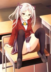  1girl amamiya_inari arm_support bad_id bad_pixiv_id blush cameltoe clothes_lift desk flower glasses highres original panties pink_panties school_desk school_uniform shoes skirt skirt_lift solo spread_legs thighhighs thighs twintails underwear white_hair yellow_eyes 