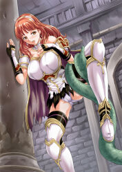  1girl absurdres black_gloves black_thighhighs breasts brown_eyes brown_hair cameltoe cape celica_(fire_emblem) cleft_of_venus commission earrings fingerless_gloves fire_emblem fire_emblem_echoes:_shadows_of_valentia gloves hairband highres jewelry large_breasts leg_armor long_hair nao_takami nintendo panties pants restrained scared skeb_commission solo standing standing_on_one_leg tentacles thighhighs thighs torn_cape torn_clothes torn_pants underwear white_hairband white_panties 