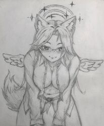  angel_wings animal_ears breasts fox_ears fox_tail glasses halo kitsune kondansh kuriimutenshi_(virtual_youtuber) large_breasts open_clothes open_shirt shirt sketch smile tail virtual_youtuber white_shirt wings  rating:General score:0 user:RQAF_33