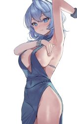 1girl ako_(blue_archive) ako_(dress)_(blue_archive) arm_up armpits backless_dress backless_outfit blue_archive blue_dress blue_eyes blue_hair blush bracelet breast_suppress breasts closed_mouth covered_navel cowboy_shot cuffs dress evening_gown hair_between_eyes highres jewelry large_breasts looking_at_viewer medium_hair multiple_bracelets nipple_slip nipples official_alternate_costume plunging_neckline presenting_armpit revealing_clothes see-through shackles side_slit sideboob sideless_dress simple_background single_handcuff sleeveless sleeveless_dress solo standing sweat white_background zefrableu rating:Questionable score:48 user:danbooru