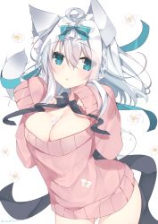  1girl animal_ear_fluff animal_ears aqua_eyes bad_id bad_twitter_id between_breasts black_bow black_ribbon blush bow braid breasts cat_ears cat_girl cat_tail chestnut_mouth cleavage commentary_request cowboy_shot dress flower gluteal_fold hair_between_eyes hair_ribbon large_breasts leaning_forward long_hair long_sleeves looking_at_viewer naked_sweater original paw_pose pink_sweater ribbon satsuki_mayuri silver_hair simple_background sleeves_past_fingers sleeves_past_wrists solo sweater sweater_dress tail tail_ornament tail_ribbon white_background  rating:Sensitive score:3 user:danbooru