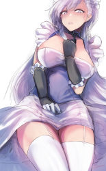 1girl apron asymmetrical_bangs azur_lane belfast_(azur_lane) blue_eyes blush braid breasts buttons chain cleavage clenched_hand collar collarbone corset dress embarrassed french_braid frilled_gloves frills garter_straps gauntlets gloves hair_between_eyes hand_on_own_chest highres kojima_(blue_stardust) large_breasts long_hair looking_at_viewer maid maid_headdress open_mouth sidelocks signature silver_hair simple_background skirt_hold solo thighhighs thighs white_background white_gloves white_thighhighs rating:Sensitive score:17 user:danbooru