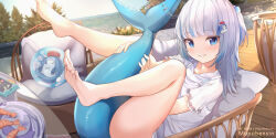  1girl :d artist_name ass barefoot bloop_(gawr_gura) blue_eyes blunt_bangs blurry casual commentary_request depth_of_field feet fins fish_tail gawr_gura grey_hair grin hair_ornament hairclip hololive hololive_english legs_up long_hair long_sleeves looking_at_viewer lying mujinbensin multicolored_hair open_mouth pillow revision shark_tail sidelocks smile soles streaked_hair tail toes two-tone_hair two_side_up virtual_youtuber wooden_floor  rating:Sensitive score:37 user:danbooru