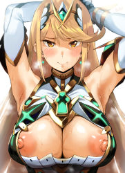  1girl absurdres armpits bare_shoulders blonde_hair blush breasts chest_jewel cleavage_cutout clothing_cutout dress earrings elbow_gloves gloves hero_neisan highres huge_filesize jewelry large_breasts long_hair looking_at_viewer mythra_(xenoblade) nipples presenting_armpit smile swept_bangs third-party_edit tiara white_dress white_gloves xenoblade_chronicles_(series) xenoblade_chronicles_2 yellow_eyes  rating:Explicit score:171 user:Rumpatump