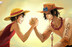  2boys arm_wrestling black_hair brother brothers brown_eyes family grin hat jewelry jolly_roger male_focus monkey_d._luffy mujia_liao multiple_boys muscular necklace one_piece pirate portgas_d._ace red_vest sad_face topless_male siblings smile smiley_face straw_hat tattoo teeth vest yukiko_minazuki  rating:Sensitive score:14 user:danbooru