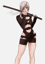 1girl abs black_bodysuit black_bra bodysuit bra breasts buckle chainsaw_man cigarette cleavage_cutout clothing_cutout eyepatch feet_out_of_frame hair_over_one_eye hair_over_shoulder highres hip_vent holding holding_cigarette holding_sword holding_weapon imeko_san katana long_sleeves looking_to_the_side low_ponytail medium_breasts navel over_shoulder ponytail quanxi_(chainsaw_man) simple_background smoke smoking solo standing stomach_cutout sword underwear weapon weapon_over_shoulder white_background white_hair rating:Sensitive score:10 user:danbooru