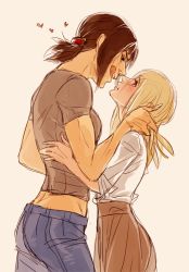 2girls :q bad_id bad_tumblr_id blonde_hair brown_hair krista_lenz freckles grabbing_another&#039;s_hair happyd happyds height_difference imminent_kiss looking_at_another multiple_girls muscular naughty_face ponytail shingeki_no_kyojin short_hair tongue tongue_out ymir_(shingeki_no_kyojin) yuri rating:Sensitive score:38 user:danbooru