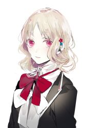  1girl black_jacket blazer blonde_hair bow bowtie closed_mouth collared_shirt diabolik_lovers hair_ornament jacket komori_yui looking_at_viewer open_clothes open_jacket prin_dog red_bow red_bowtie red_eyes school_uniform shirt short_hair simple_background solo upper_body white_background white_shirt 