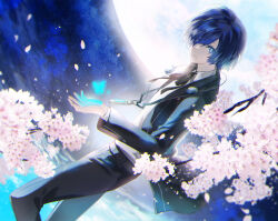  1boy black_jacket black_pants black_ribbon blue_butterfly blue_eyes blue_hair bug butterfly cherry_blossoms closed_mouth collared_shirt dark_blue_hair digital_media_player earphones falling_petals feet_out_of_frame full_moon gekkoukan_high_school_uniform hair_over_one_eye headphones headphones_around_neck highres insect jacket long_sleeves looking_at_viewer male_focus moon neck_ribbon night night_sky open_clothes open_hand open_jacket outdoors pants persona persona_3 petals ribbon school_uniform shirt short_hair sky solo tsukitaka white_shirt yuuki_makoto_(persona_3) 