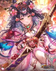 1girl artist_name bird black_hair box breasts character_request dragon_tactics earrings english_text falling_petals gem gold hair_bun heart-shaped_box heart_(symbol) highres jewelry large_breasts lunarmimi necklace petals smile sword teeth weapon yellow_eyes 