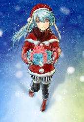  1girl absurdres android artist_request boots christmas gift hat highres labrys persona persona_4 persona_4:_the_ultimate_in_mayonaka_arena ponytail robot_joints santa_costume santa_hat scarf snow 