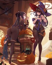  2girls ass black_choker black_hair black_nails bodystocking book book_stack bracelet breasts candy chocolate_coin choker circlet coin commentary cosplay costume_switch crossover earrings english_commentary familiar fire_emblem fire_emblem_awakening food full_body genshin_impact gold gold_coin green_eyes grin halloween halloween_costume hat high_heels holding holding_coin jack-o&#039;-lantern jewelry large_breasts leaning_on_object long_hair medium_breasts mitsu_(mitsu_art) mona_(genshin_impact) mona_(genshin_impact)_(cosplay) multiple_girls nintendo pantyhose parted_lips patreon_username pumpkin purple_eyes shoes skin_tight smile standing star_(symbol) star_earrings stirrup_legwear tharja_(fire_emblem) tharja_(fire_emblem)_(cosplay) thighlet tiptoes toeless_legwear twintails two_side_up unworn_shoes very_long_hair witch_hat  rating:Sensitive score:147 user:danbooru