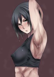 1girl arm_behind_head arm_up armpits black_hair breasts covered_erect_nipples female_focus highres impossible_clothes looking_at_viewer mikasa_ackerman muscular nipples puffy_nipples shingeki_no_kyojin skin_tight solo sweat toned wachiwo rating:Questionable score:183 user:danbooru