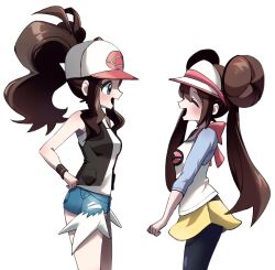  2girls black_pantyhose black_vest blue_eyes blue_shorts brown_hair creatures_(company) double_bun from_side game_freak hair_bun hat highres hilda_(pokemon) long_hair looking_at_another multiple_girls nintendo open_clothes open_vest pantyhose pokemon pokemon_bw pokemon_bw2 ponytail qnqn_1020 rosa_(pokemon) shirt short_shorts shorts sleeveless sleeveless_shirt sleeves_past_elbows twintails vest visor_cap white_background white_headwear white_shirt yellow_shorts  rating:General score:12 user:danbooru