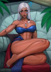  1girl ? abs areola_slip atlantis:_the_lost_empire barefoot black_eyeliner blue_bra blue_eyes blue_nails blush bra breasts collarbone commentary covered_erect_nipples dark-skinned_female dark_skin english_commentary eyeliner facial_tattoo feet highres jewelry kidagakash large_breasts leaf legs long_eyelashes looking_at_viewer muscular muscular_female nail_polish necklace parted_lips picturd pink_lips sanpaku sitting solo stomach stone_wall strapless tattoo thick_lips toenail_polish toenails toes underwear wall white_hair  rating:Questionable score:89 user:danbooru