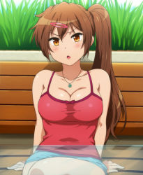  10s 1girl bare_shoulders bench blush breasts brown_eyes brown_hair camisole chuunibyou_demo_koi_ga_shitai! cleavage collarbone crossed_legs female_focus frown hairu jewelry large_breasts long_hair necklace nibutani_shinka open_mouth shiny_skin side_ponytail sitting skirt solo table  rating:Sensitive score:158 user:danbooru