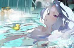  1girl absurdres bath blue_archive blush breasts commentary_request completely_nude highres hina_(blue_archive) indoors loli long_hair looking_at_viewer nude open_mouth partially_submerged purple_eyes rubber_duck sakusa_nn small_breasts solo steam upper_body white_hair 