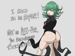  1girl ass bare_legs black_dress breasts clothes curly_hair curvy dress english_text female_focus green_hair grey_background highres huge_ass looking_back medium_hair one-punch_man pseudocel pun shiny_skin simple_background small_breasts solo tatsumaki wide_hips  rating:Sensitive score:43 user:xAkira