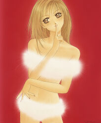  1990s_(style) 1girl bandeau bare_shoulders brown_hair clip_studio_paint_(medium) collarbone finger_to_mouth fur_panties head_tilt highres long_hair looking_to_the_side midriff navel original panties pink_eyes red_background red_nails retro_artstyle shushing smile solo underwear white_bandeau white_panties yue_(yung_n_dum_) 