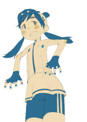  1girl animal_ears asymmetrical_hair bike_shorts blue_hair blue_nails blue_shorts blush cowboy_shot extra_ears fingerless_gloves from_below gloves groin hara_(pencilpen) highres legs_together limited_palette looking_at_viewer medium_hair nail_polish no_sclera nostrils open_mouth original rabbit_ears short_sleeves shorts simple_background skirt spread_fingers standing tareme teeth twintails upper_teeth_only white_background zipper 