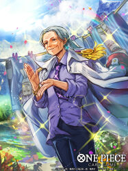  1girl clothesline coat coat_on_shoulders commentary_request copyright_name cowboy_shot drying earrings epaulettes grey_hair jewelry long_coat looking_ahead necktie nijihayashi official_art one_piece one_piece_card_game ponytail purple_shirt rainbow shirt sidelocks sky smile solo sparkle tsuru_(one_piece) white_coat white_hair 