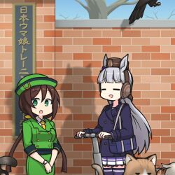  2girls bag bird blunt_bangs branch breasts brick brick_wall buttons closed_eyes dog dog_tail double-breasted eagle ear_covers gold_buttons gold_ship_(umamusume) green_eyes green_hat green_jacket green_skirt grey_hair half-sleeves hamu_koutarou handbag hat hayakawa_tazuna highres holding horse_girl jacket long_hair long_sleeves looking_at_viewer motor_vehicle multiple_girls open_mouth pleated_skirt scooter short_hair shoulder_strap skirt sky tail thighhighs town_musicians_of_bremen tracen_academy translation_request tree twintails umamusume watch wristwatch 