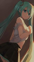 1girl aqua_eyes aqua_hair bare_shoulders black_skirt commentary cowboy_shot from_below from_side grey_shirt hair_ornament hatsune_miku highres hiroki_(yyqw7151) long_hair looking_at_viewer looking_to_the_side midriff miniskirt pleated_skirt shirt sidelighting skirt sleeveless sleeveless_shirt smile solo twintails undressing very_long_hair vocaloid rating:Sensitive score:42 user:danbooru