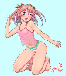  1girl aqua_background bare_legs bare_shoulders barefoot blue_eyes blush breasts brown_hair evangelion:_2.0_you_can_(not)_advance fang highres horishin1986 kneeling long_hair navel neon_genesis_evangelion no_bra panties rebuild_of_evangelion salute shirt skin_fang small_breasts smile solo souryuu_asuka_langley striped_clothes striped_panties toes underwear underwear_only very_long_hair white_background wide_hips  rating:Questionable score:49 user:fakyuh