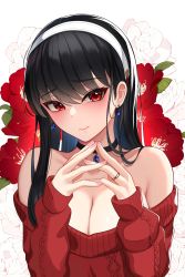  1girl absurdres bare_shoulders black_choker black_hair blush breasts choker cleavage collarbone earrings floral_background flower hair_between_eyes hairband highres jewelry large_breasts long_hair looking_at_viewer nekoda_(maoda) off-shoulder_sweater off_shoulder own_hands_together pendant_choker raised_eyebrows red_eyes red_flower red_rose rose rose_background solo spy_x_family straight_hair sweater upper_body white_hairband yor_briar  rating:Sensitive score:31 user:scepticweeb