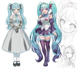  +_+ absurdly_long_hair adapted_costume alternate_costume aqua_bow aqua_bowtie aqua_hair aqua_nails aqua_necktie bare_shoulders boots bow bowtie breasts center_frills detached_sleeves double-parted_bangs dress drill_hair enmaided frilled_footwear frilled_shirt frilled_sleeves frills full_body gloves gradient_hair hair_between_eyes hair_ribbon hatsune_miku headset heart heart_in_eye highres kirisaki_shuusei lace lace_gloves layered_skirt long_dress long_hair looking_at_viewer maid maid_headdress mary_janes medium_breasts miniskirt multicolored_hair necktie number_tattoo open_mouth pleated_skirt ribbon shirt shoes simple_background sketch_background skirt smile symbol_in_eye tattoo thigh_boots thigh_gap thighhighs tiara twin_drills twintails very_long_hair vocaloid zettai_ryouiki 