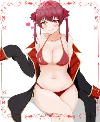 1girl :q absurdres anchor_symbol arrow_through_heart bare_shoulders bikini blush breasts cleavage collarbone crossed_legs gold_necklace gold_trim hair_ribbon heart heart_necklace heterochromia highres hololive houshou_marine houshou_marine_(summer) jacket jewelry large_breasts licking_lips long_hair looking_at_viewer miya_anko navel necklace orange_eyes raised_eyebrows red_bikini red_eyes red_hair ribbon sitting sleeves_past_wrists solo stomach swimsuit thighs tongue tongue_out twintails two-sided_fabric two-sided_jacket virtual_youtuber