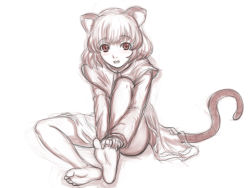 1girl animal_ears barefoot between_toes capelet dress feet female_focus kuro_suto_sukii legs monochrome mouse_ears mouse_tail nazrin short_hair sitting sketch smile soles solo tail toes touhou rating:Sensitive score:8 user:danbooru