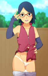 10s 1girl bare_shoulders black_eyes black_hair boruto:_naruto_next_generations clothes_pull collarbone female_focus flat_chest glasses gloves highres hilopon_(user_hjxp2347) naruto naruto_(series) open_clothes open_mouth outdoors panties pants pants_pull pussy red-framed_eyewear shirt sleeveless sleeveless_shirt solo sweat tan tanline uchiha_sarada uncensored underwear unzipped white_panties zipper rating:Explicit score:126 user:Domestic_Importer