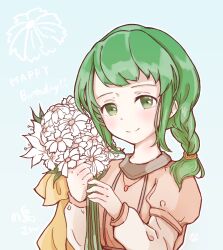  1girl airisuotog bouquet fire_emblem fire_emblem:_the_sacred_stones flower green_eyes green_hair happy_birthday highres holding holding_bouquet looking_at_viewer low_ponytail nintendo short_ponytail solo vanessa_(fire_emblem) white_flower 