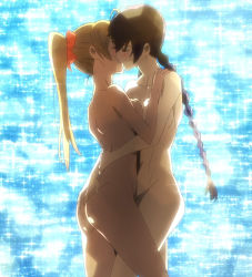2girls absurdres ass ass_grab asymmetrical_docking beach blush braid breast_press breasts brown_hair busujima_saeko closed_eyes dimples_of_venus double_bun flat_ass grabbing_another&#039;s_ass groping hair_bun highres highschool_of_the_dead hug kiss large_breasts legs miyamoto_rei multiple_girls non-web_source nude ponytail purple_hair screencap shiny_skin sparkle standing stitched thighs third-party_edit twin_braids water yuri rating:Questionable score:376 user:Briefers_Rock