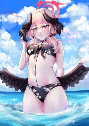  1girl absurdres arm_behind_back bikini black_bikini black_bow blue_archive blush bow breasts day embarrassed feathered_wings floral_print_bikini flower from_below front-tie_bikini_top front-tie_top frown hair_between_eyes hair_bow halo hand_up head_wings highres hip_focus koharu_(blue_archive) koharu_(swimsuit)_(blue_archive) long_hair looking_at_viewer looking_down navel nervous ocean outdoors pink_eyes pink_hair pink_halo small_breasts solo swimsuit tini twintails wading wavy_mouth white_flower wings 