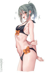  1girl arm_behind_back artist_name bare_shoulders bikini black_bikini blush bow bow_bikini breasts brown_eyes collarbone commentary cropped_legs ebifurya from_side green_hair hair_between_eyes hand_on_own_arm hashtag-only_commentary highres kantai_collection long_hair looking_at_viewer medium_breasts navel official_alternate_costume one-hour_drawing_challenge open_mouth orange_bow ponytail sideboob sidelocks simple_background small_breasts smile solo sparkle stomach swimsuit teeth thighs twitter_username upper_teeth_only white_background yuubari_(kancolle) yuubari_kai_ni_(kancolle) yuubari_kai_ni_(swimsuit_mode)_(kancolle) 