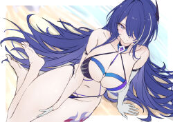  1girl acheron_(honkai:_star_rail) adapted_costume alternate_breast_size arm_belt arm_support bare_legs bare_shoulders barefoot beach belt between_legs bikini black_belt black_bikini black_choker blue_eyes breasts choker cleavage collarbone commentary diamond-shaped_pupils diamond_(shape) english_commentary from_above groin hair_between_eyes hair_ornament hair_over_one_eye halterneck hand_between_legs highres honkai:_star_rail honkai_(series) large_breasts leg_tattoo light_blush long_hair mixed-language_commentary multicolored_hair navel ocean purple_eyes purple_hair sand sitting skindentation smile solo stomach streaked_hair swimsuit symbol-shaped_pupils tattoo two-tone_eyes unfinished very_long_hair xfate yokozuwari 