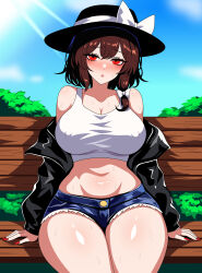  1girl :o absurdres alternate_costume arm_support bare_shoulders bench black_hat black_jacket blush bow breasts brown_hair bush cleavage collarbone commentary_request covered_erect_nipples day denim denim_shorts double-parted_bangs eyelashes hair_bow hat hat_ribbon highres jacket korean_commentary large_breasts legs_together looking_at_viewer medium_hair midriff mixed-language_commentary navel nose_blush off_shoulder on_bench open_clothes open_jacket open_mouth outdoors red_eyes red_nails ribbon shiny_skin short_shorts shorts side_ponytail sitting solo ssaf52913778 sunlight sweat tank_top thick_thighs thighs touhou usami_renko white_bow white_ribbon white_tank_top 