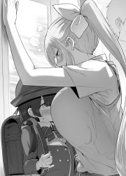  1boy 2girls age_difference backpack bag blush bow breast_press breasts commentary_request greyscale hair_bow height_difference highres higuchi_kaede higuchi_kaede_(1st_costume) huge_breasts large_breasts long_hair looking_at_another looking_down looking_up monochrome multiple_girls nijisanji onee-loli ponytail ricochet-gou school_uniform shirt short_hair short_twintails train_interior tsukino_mito tsukino_mito_(11th_costume) twintails virtual_youtuber yuri  rating:Sensitive score:266 user:danbooru